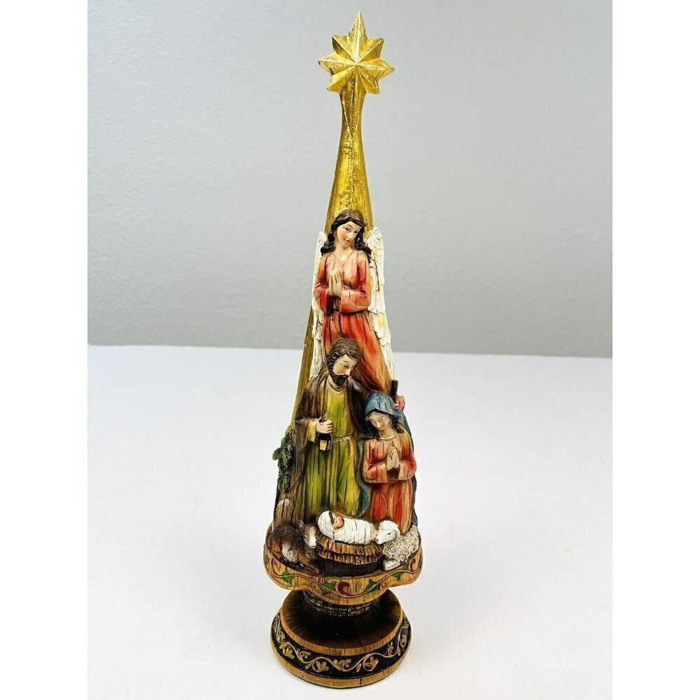 WINTER LANE 16" Carved Resin Table Top NATIVITY Christmas Tree MUSIC BOX Works